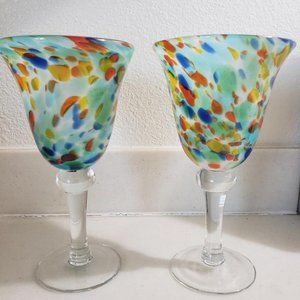 Set of 2 Hand Blown Art Glass - Colorful Confetti  Party Style Cocktail Glasses